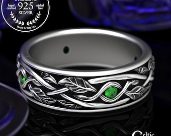 Emerald Scottish Tree Branches Wedding Ring, Sterling Botanical Irish Vine Marriage Band, Ruby Mens Celtic Silver Nature Inspired Ring, 2053