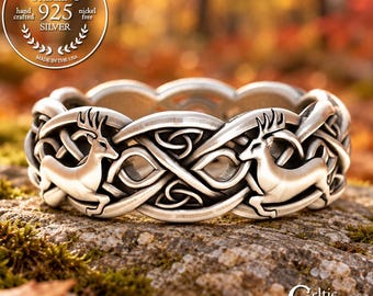 Womens Sterling Silver Celtic Deer Ring, Silver Antler Wedding Ring, Irish Deer Buck Wedding Band, Silver Forest Wedding Theme Ring, 3125