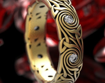 Celtic Trinity Triskele Moissanite Wedding Ring, Celtic Swirl Wedding Band, Moissanite Celtic Ring, Celtic Gold 10K 14K 18K or Platinum 1289