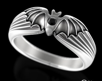Sterling Black Bat Ring, Silver Halloween Ring, Vampire Ring, Mens Spooky Wings Ring, Flying Bat Ring, Goth Wedding Ring, Gothic Bat, 3141