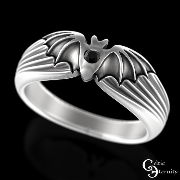 Sterling Black Bat Ring, Silver Halloween Ring, Vampire Ring, Mens Spooky Wings Ring, Flying Bat Ring, Goth Wedding Ring, Gothic Bat, 3141