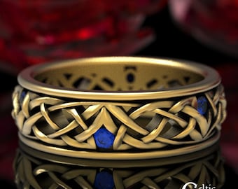 Solid Gold & Sapphire Celtic Wedding Ring, Sapphire and Gold Gaelic Weave Handfasting Band, Mens Platinum and Sapphire Irish Ring, 1506