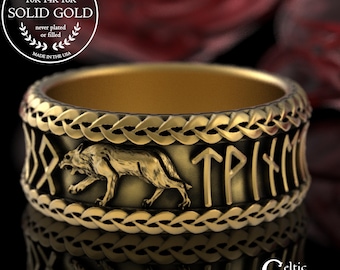 Gold Odin's Wolf Viking Ring, 10K Men's Wolf Runes Ring, 14K White Gold Groom Wedding Band, Platinum Elder Futhark Band, Norse Warrior, 3270