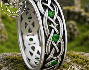 Emerald & Sterling Irish Wedding Ring, Sterling Silver Celtic Knotwork Ring, Silver Irish Emerald Ring, Emerald Celtic Wedding Band, 1900