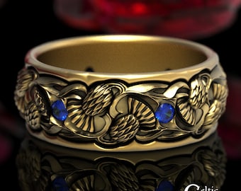 Sapphire & Gold Thistle Ring, Gold/Platinum Scottish Wedding Ring, Wide Men Ring, Sapphire Gold Ring, Celtic Wedding Ring, 1472