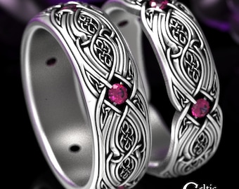 Sterling Ruby Matching Wedding Ring Set, Silver Ruby Celtic Rings, Celtic Couples Ring Set, Matching Knotwork Rings, Ruby Ring Set 1816 1817