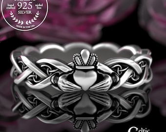 Delicate Claddagh Trinity Ring, Sterling Celtic Woman Handfasting Ring, Silver Irish Bride Crown Wedding Band, Scottish Chladaigh Ring, 3280