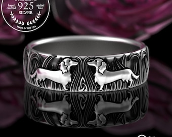 Long Haired Dachshunds Ring, Sterling Soulmate Dachshund Wedding Band, Silver Doxie Dog in Grass, Long-Haired Dog, Puppy Dog Ring, 3167