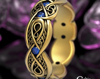 Gold Celtic Infinity Ring, Gold Eternity Ring, Sapphire White Gold Wedding Ring, Eternity Wedding Band, Irish Love Wedding Ring, 1411