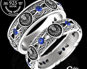 Thistle Sterling Wedding Ring Set, Matching Sapphire Scottish Wedding Bands, His Hers Irish Wedding Rings, Silver Celtic Rings, 4408 4409