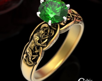 10K Emerald Celtic Wolf Ring, 14K Wolf Engagement Ring, 14K Emerald Celtic Engagement Ring, Direwolf Ring, Gold Wolf Wedding Ring, 1868