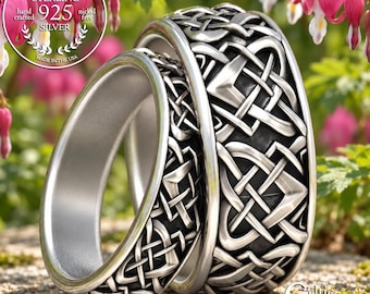 Sterling Silver Sacred Heart Knot Set, Silver Anam Cara Rings, Irish Lovers Heart Wedding Rings, Silver Knotwork Handfasting, 1458 1456