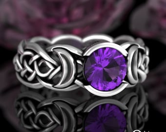 Purple Moon Ring, Amethyst & Sterling Silver Moon Goddess, Magic Celtic Wedding Ring, Scottish Moon Ring, Silver Womens Witch Ring, 4493