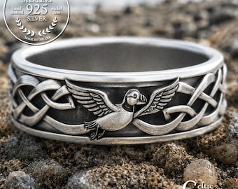 Men's Puffin Wedding Ring, Sterling Puffin Sea Bird Ring, Sea Parrot Animal, Silver Seashore Jewelry, Beach Wedding, 2118