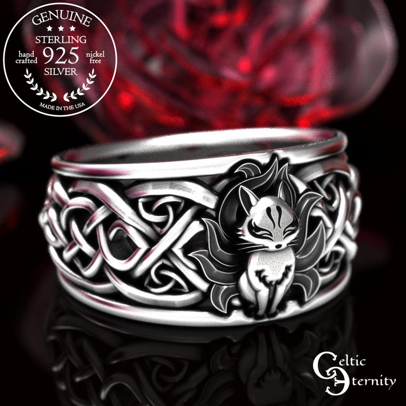 Anillo celta de zorro kitsune, anillo kitsune de plata de ley, anillo de boda de zorro kitsune, anillo de zorro de nueve colas, joyería celta de zorro, anillo de zorro, 1395 imagen 2