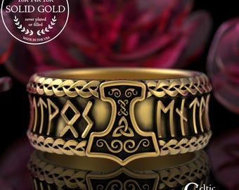 14K Gold Thor's Hammer Rune Ring, Platinum Viking Warrior Wedding Band, 10K Men's Norse Runes Jewelry, 18K Odin Elder Futhark Ring, 3289