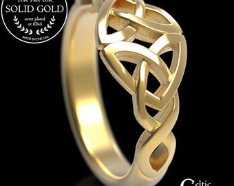 Gold Trinity Heart Ring, Signet Heart Knot, 10K 14K 18K Rose Gold Platinum, Celtic Heart Ring, Irish Wedding Band, Gold Heart Knotwork, 1406