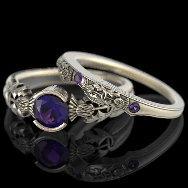 Amethyst Thistle Ring, Sterling Engagement Ring Set, Scottish Engagement Ring, Sterling Celtic Engagement Ring, Matching Ring Set, 1774/75