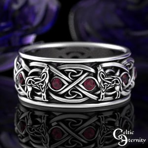 Rubin Wolf Ehering, Sterling Herrenring, keltischer Wolf Herrenring, Rubin Infinity Ring, Silber Rubin Herrenring, 1269