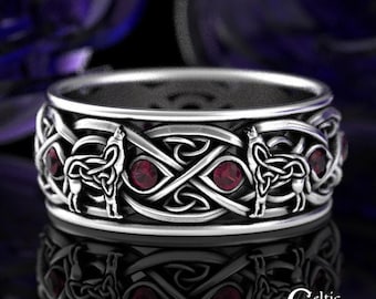Ruby Wolf Wedding Ring, Sterling Mens Wedding Band, Celtic Wolf Mens Ring, Ruby Infinity Knotwork Ring, Silver Ruby Mens Wedding Band, 1269