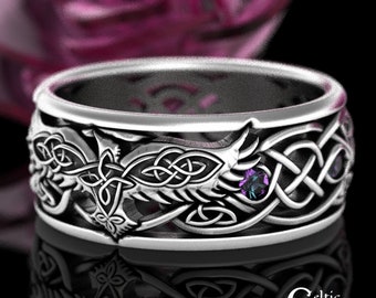 Mens Raven Wedding Band, Sterling Raven Ring, Alexandrite Mens Wedding Ring, Viking Wedding Band, Silver Viking, Celtic Raven Jewelry, 9728