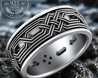 Mens Viking Ring, Sterling Celtic Wedding Band, Mens Irish Braided Ring, Celtic Knotwork Wedding Ring, Silver Geometric Design Ring, 4326