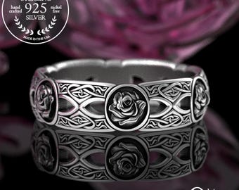 Womens Celtic Rose Wedding Ring, Sterling Scottish Heart Wedding Band, Silver Botanical Flower Ring, Blooming Rose Irish Knotwork, 3043