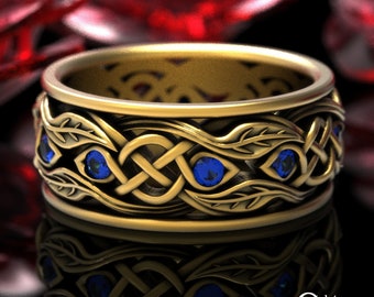 Sapphire & 10K Gold Scottish Nature Wedding Ring, 10K Botanical Wedding Band, 14K Celtic Leaves Ring, Platinum Pagan Handfasting Ring, 1964