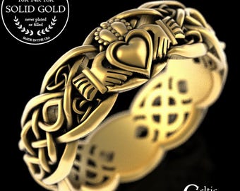 Gold Claddagh Wedding Ring, 10K Womens Celtic Heart Ring, Gold Irish Love Ring, Woman 14K Claddagh Ring, 18K Gold Handfasting Ring, 1683