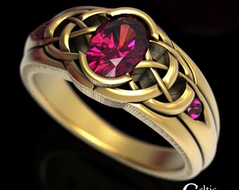 Knotwork Engagement Ring, Gold Ruby Celtic Knotwork Ring, White Gold Ruby Celtic Wedding Ring, Ruby Wide Ring, Womens Wide Ring, 1653