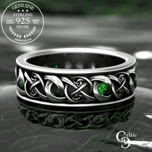 Sterling Emerald Infinity Ring, Bound for Eternity Ring, Silver Men&#39;s Irish Emerald Wedding Band, Welsh Forever Knot Marriage Ring, 1991