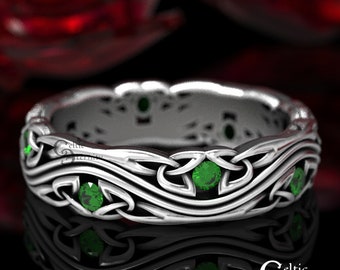 Emerald Silver Celtic Wedding Band, Celtic Wedding Ring, Sterling Silver Wedding Ring, Emerald Wedding Band, Sterling Eternity Ring, 1462