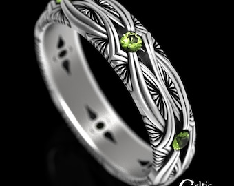 Womens Peridot Ring, Sterling Peridot Wedding Band, Silver Peridot Wedding Ring, Celtic Peridot Wedding Band, Peridot Scottish Ring, 1404