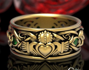 Gold Claddagh Ring with Emeralds, Modern Claddagh Wedding Ring, Celtic Gold Wedding Band, Irish Love Ring, Mens Claddagh Ring, 1688