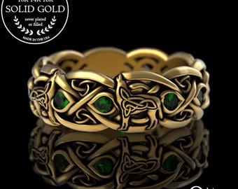 Emerald Wolf Wedding Ring, Gold/White Gold Celtic Wolf Ring, Emerald Wolf Ring, Gold Wolf Wedding Ring, Emerald Infinity Wedding Ring, 1267