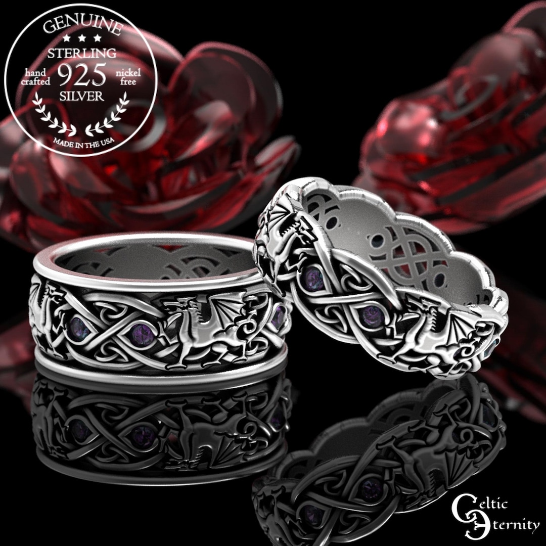 Alexandrite Matching Dragon Wedding Rings, Sterling Norse Rings, His ...