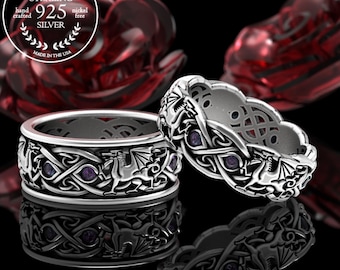 Alexandrite Matching Dragon Wedding Rings, Sterling Norse Rings, His Hers Dragon Rings, Alexandrite Wedding Bands, Welsh Dragons, 3016 3109