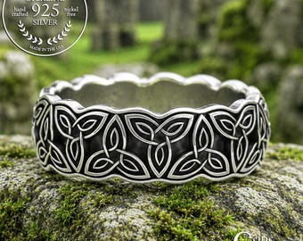 Woman's Celtic Trinity Knotwork Wedding Band, Sterling Irish Bride Weave Pattern Ring, Classic Silver Scottish Anniversary Jewelry, 3329