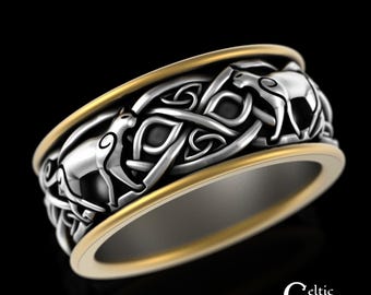 2tone Cat Lovers Ring, Sterling & 10K Gold Kitty Cats Ring, Silver Feline Wedding Band, Irish Cat Soulmates, Cat Spirit Animal Ring, 4047