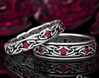 Sterling With Rubies Wedding Band Set, Narrow Celtic Wedding Rings, Ruby Handfasting Ring Set, His & Hers Irish Ceremony Rings, 1467 1469