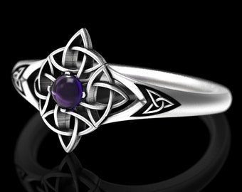 Sterling Celtic Ring, Silver Amethyst Ring, Magic Silver Ring, Goddess Ring, Trinity Knot Ring, Amethyst Celtic Ring, Purple Silver Ring,312