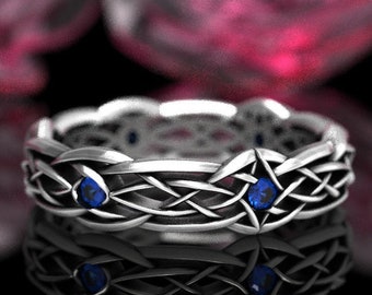 Celtic Knot Wedding Band Sapphire, Dris-Muine Infinity Knot Ring, Unique Silver Wedding Ring, Eternity Knot Ring, Irish Wedding Band 1416