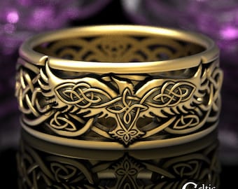 Gold Celtic Raven Ring, Raven Wedding Band, Mens Wedding Band, Odin Wedding Ring, Raven Animal Ring, Gold Bird Ring, Viking Raven Ring, 1727