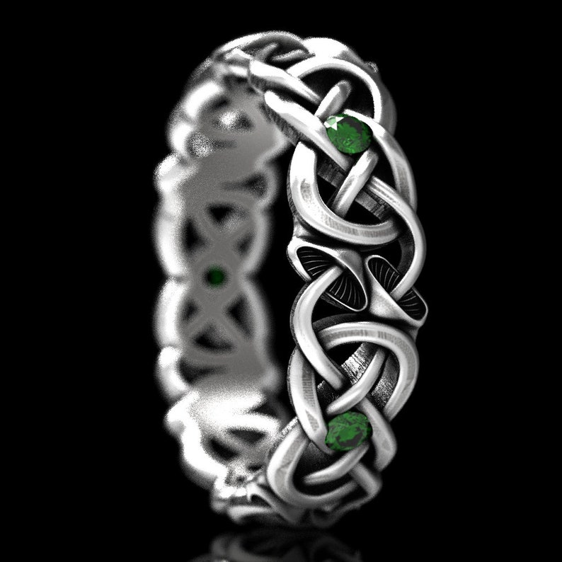 Plant Ring 1371 Eternity Wedding Band Nature Ring Psychedelic Ring Mushroom Ring Mushroom Infinity Ring Sterling Silver with Emeralds
