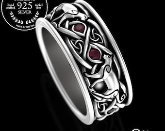 Sterling Silver Ruby Celtic Cat Ring, Cat Wedding Ring, Mens Cat Wedding Band, Ruby Irish Knotwork Ring, Ruby Kitty Ring, Feline Ring, 3099