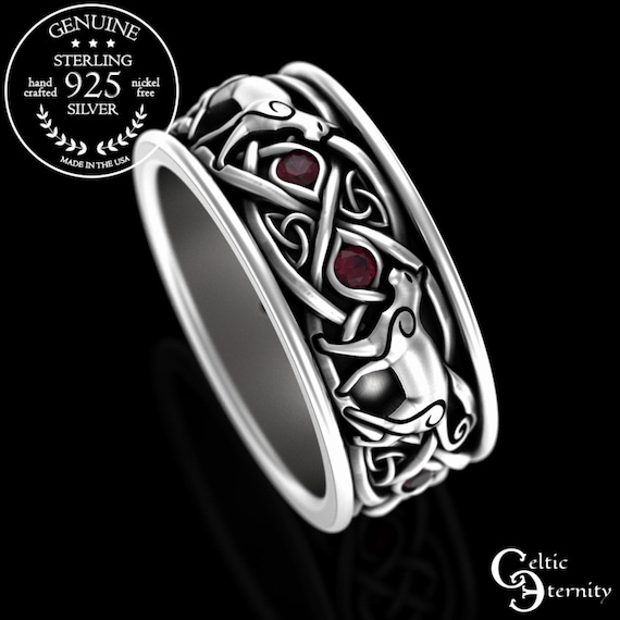 Sterling Silver Ruby Celtic Cat Ring, Cat Wedding Ring, Mens Cat