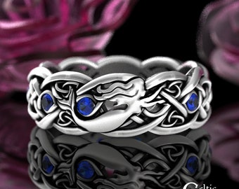 Sapphire Siren Ring, Sterling Celtic Mermaid Wedding Ring, Sapphire Irish Womans Ring, Scottish Mermaid Ring, Silver Ocean Wedding Band 3058
