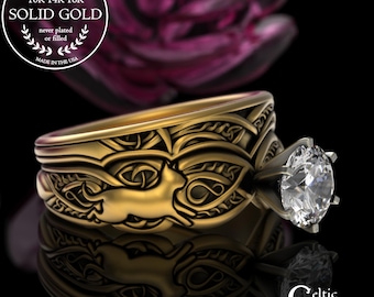 Gold & Moissanite Kitty Cat Engagement Ring + Accent Wedding Band, White Gold Kitten Stacking Bridal Set, Platinum Diamond Feline, 3273 1971