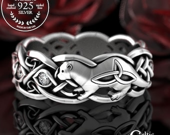 Sterling Moissanite Otter Wedding Band, Celtic Otter Ring, Irish Otter Ring, Otter Wedding Band, Otter Wedding Ring, Diamond Otter Ring 3025