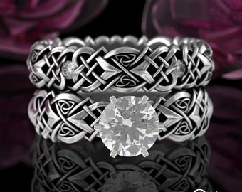Celtic Engagement Set, Moissanite Stacker Ring Set, Sterling Engagement Matching Set, Womens Matching Wedding Rings, Solitaire Set,4017 4014